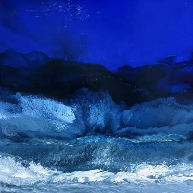 Óleo sobre tabla de Guillermo Simón, pintura marina contemporánea, exposición Azul la piel de la distancia en Espacio 36 Zamora